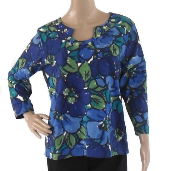 Heart Of Palm Large Blue Floral Beaded Top - Picture 3 of 7